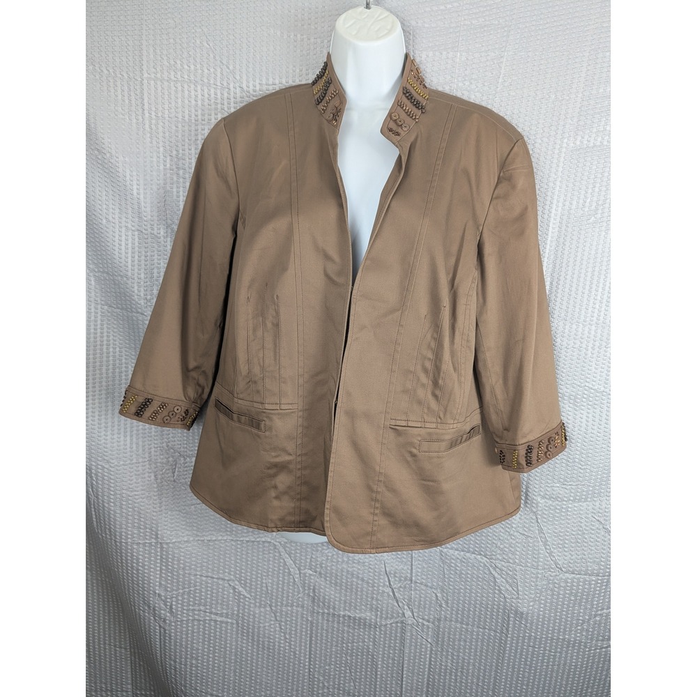 Coldwater Creek Brown Embellished Beaded Collar Jacket Womens 18W Open Front